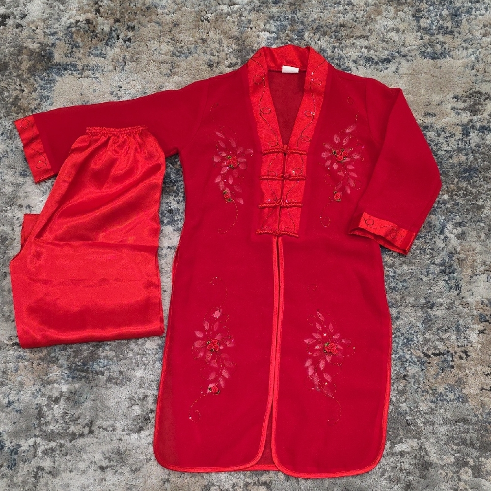 Vibrant Red Floral Embroidered Ao Dai Set For Toddler 3/4t